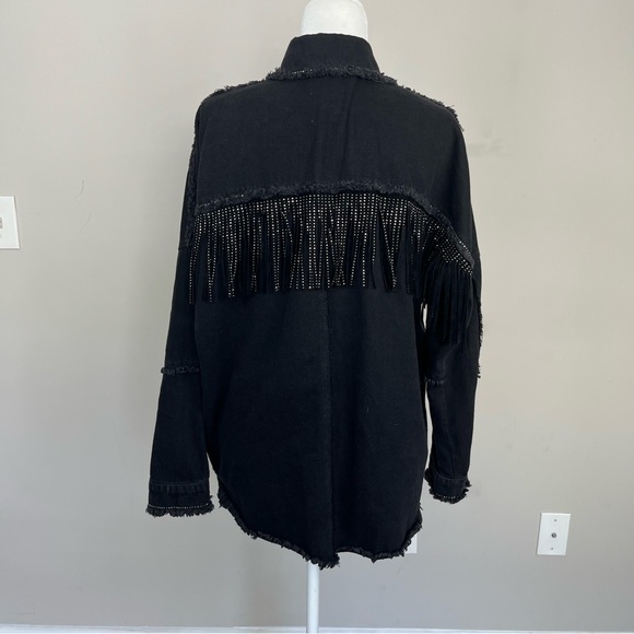 ZARA DENIM EMBELLISHED FRINGE BUTTON UP SHIRT JACKET SIZE SMALL IN BLACK - Picture 14 of 16